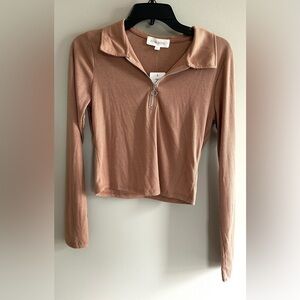 NWT pink rose ribbed cropped quarter zip collared long sleeve pink shirt size L